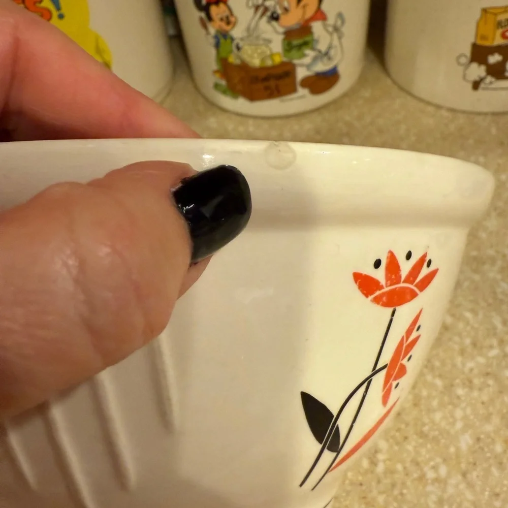 Vintage Harker Hotoven Ceramic Pottery Bowl White Dish Red Flower